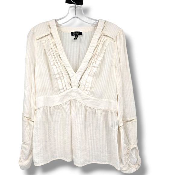 Jessica Simpson Women's Chic V Neck Perforated Detail Long Sleeve Blouse Medium - Picture 1 of 12